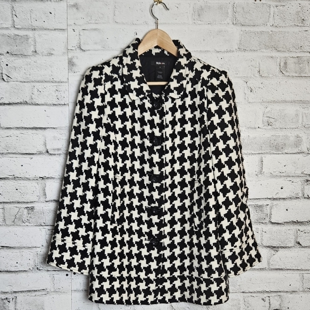 Style & Co Black White Houndstooth Wool Blend Coat Classic Tailored Size 12